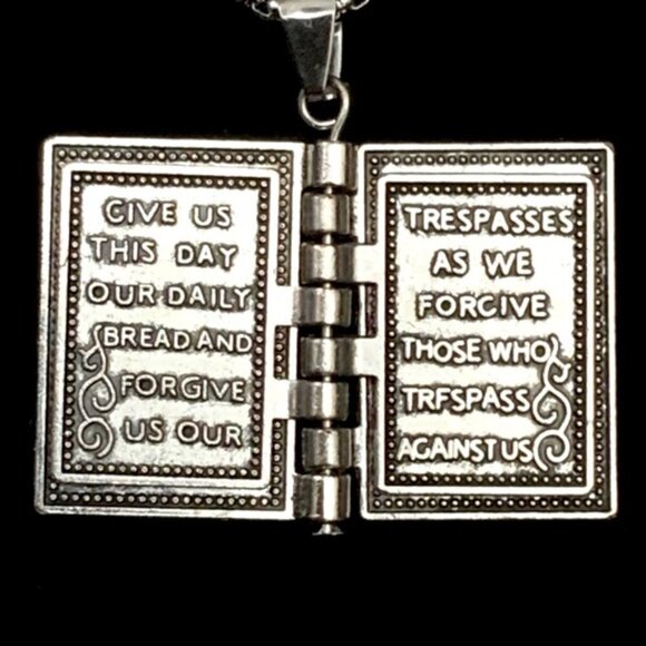 Bible Necklace 4 Pages Turnable Lords Prayer Pages 27” Block Chain Silver Tone - Picture 13 of 16